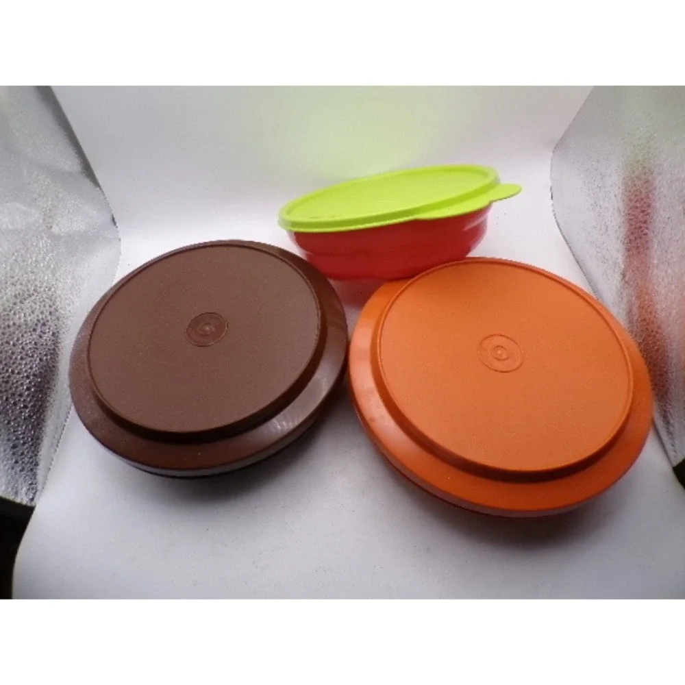 Vintage Tupperware Set 3 Round Containers Brown 1206 Orange 1206 Pink Green 2415